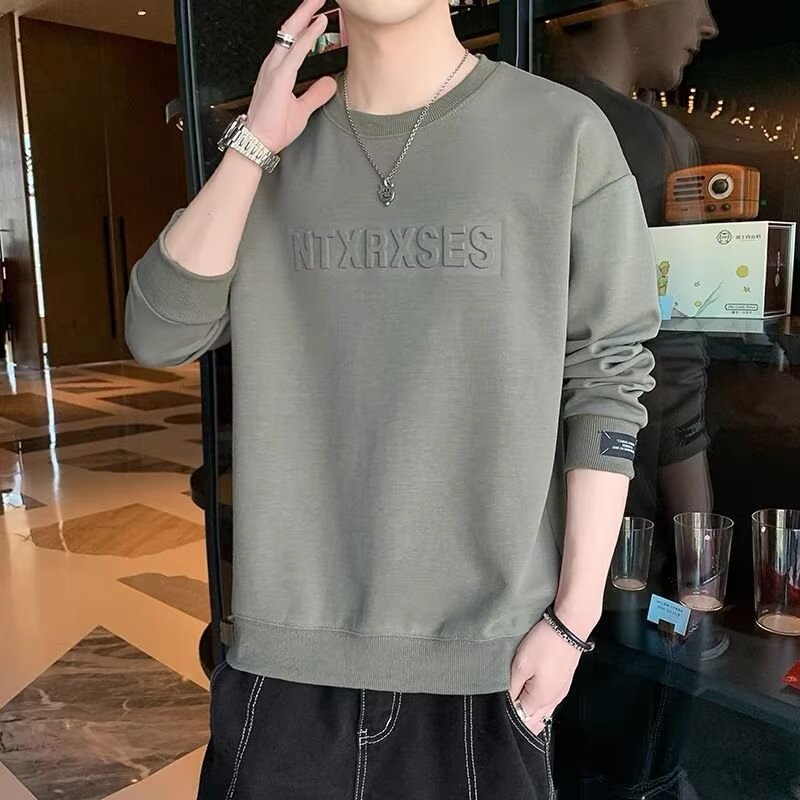 Men's Sweatshirt, Spring/Autumn Trendy Stamped Top, Men's White Long-Sleeved T-Shirt, Crew Neck, Innerwear Base Layer