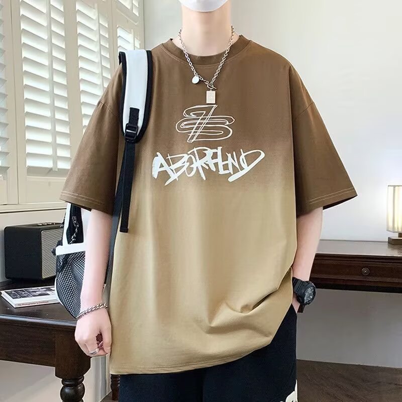 Heavyweight gradient ice silk short-sleeved t-shirt for men, trendy brand, summer loose fit, plus size, men's short-sleeved T-shirt top