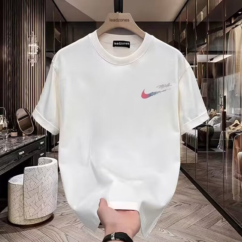 Men's pure cotton short-sleeved t-shirt, summer trendy loose fit, versatile round neck, unisex style, fashionable T-shirt top.