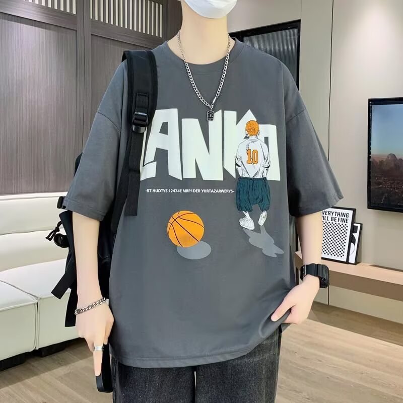 Cartoon print short-sleeved t-shirt for men, trendy brand, new summer clothes for 2025, high-end men's ins style.