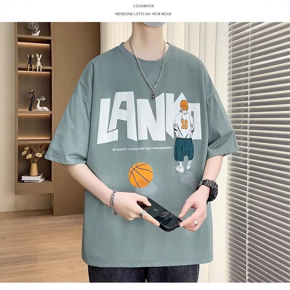 Cartoon print short-sleeved t-shirt for men, trendy brand, new summer clothes for 2025, high-end men's ins style.