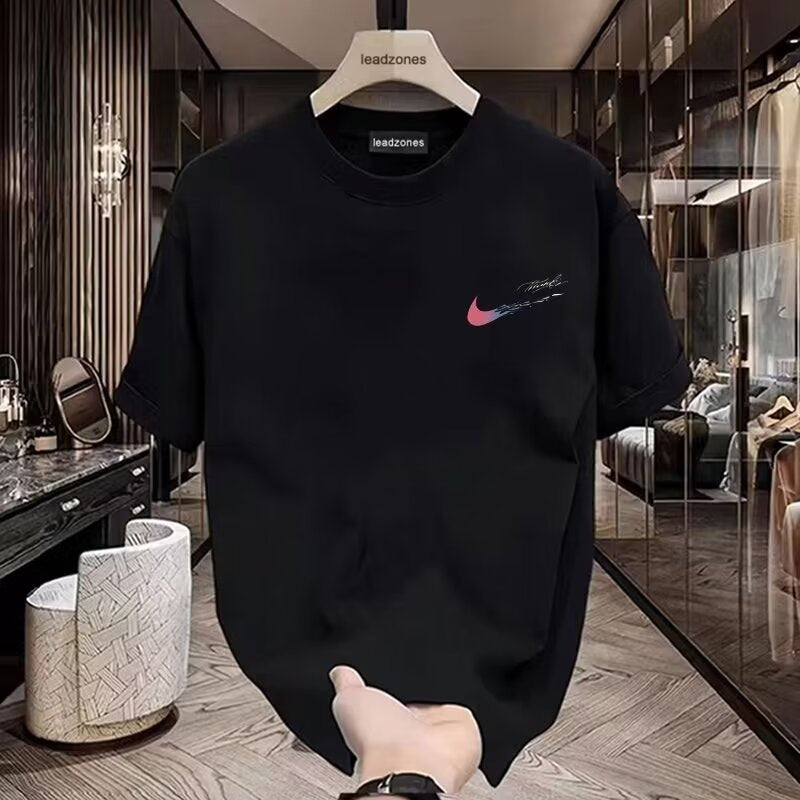 Men's pure cotton short-sleeved t-shirt, summer trendy loose fit, versatile round neck, unisex style, fashionable T-shirt top.