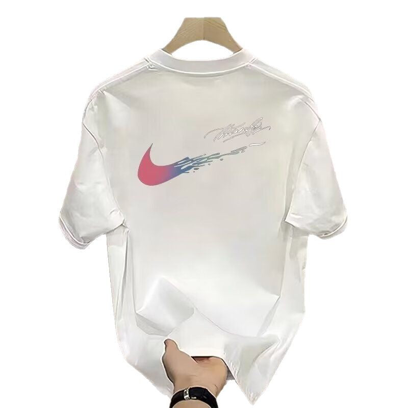 Men's pure cotton short-sleeved t-shirt, summer trendy loose fit, versatile round neck, unisex style, fashionable T-shirt top.