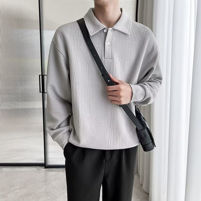 Men's collared sweatshirt, heavyweight high-street style, long-sleeved polo shirt, trendy jacket, mature and stable top.