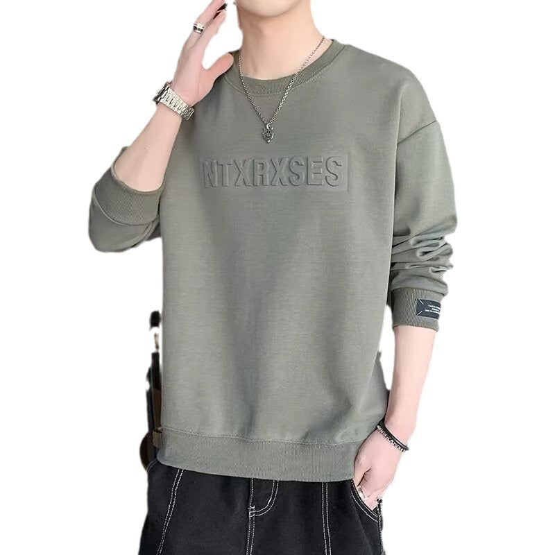 Men's Sweatshirt, Spring/Autumn Trendy Stamped Top, Men's White Long-Sleeved T-Shirt, Crew Neck, Innerwear Base Layer