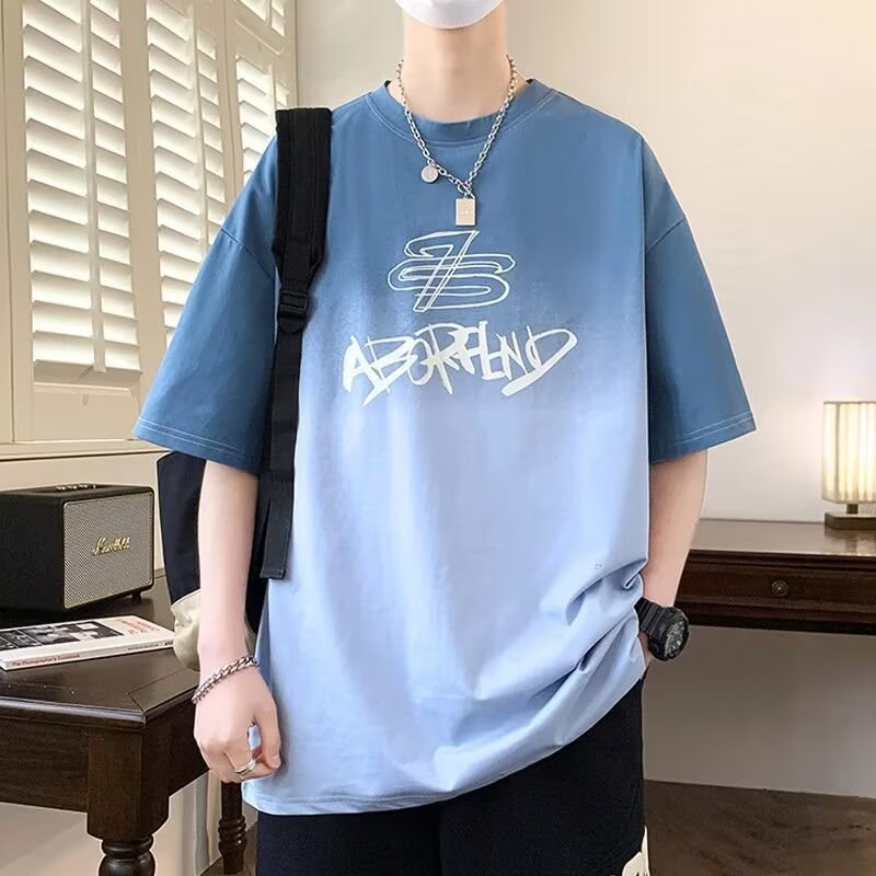 Heavyweight gradient ice silk short-sleeved t-shirt for men, trendy brand, summer loose fit, plus size, men's short-sleeved T-shirt top