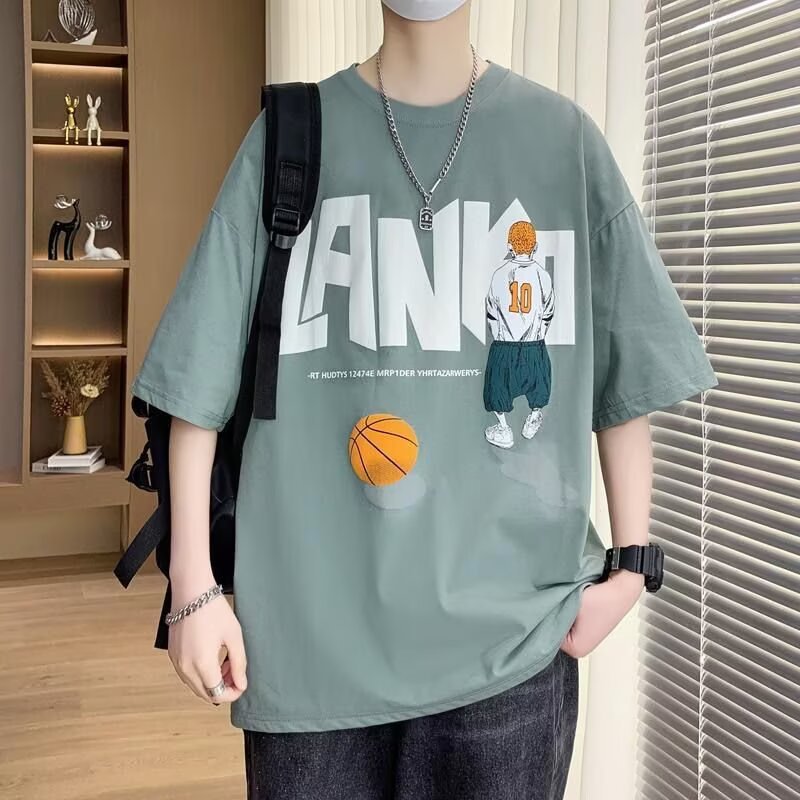 Cartoon print short-sleeved t-shirt for men, trendy brand, new summer clothes for 2025, high-end men's ins style.